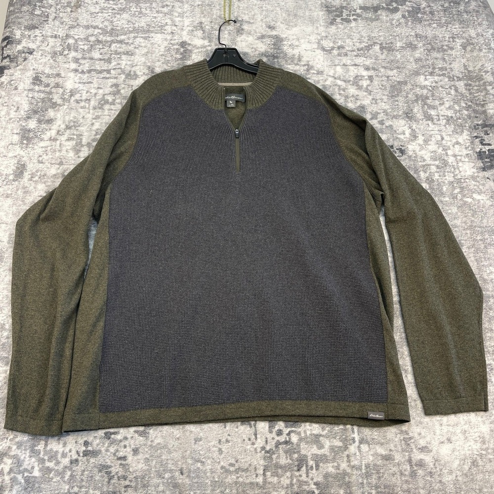 Eddie Bauer Men's 3XL Quarter Zip Waffle Knit Sweater Green Grey Grandpacore
